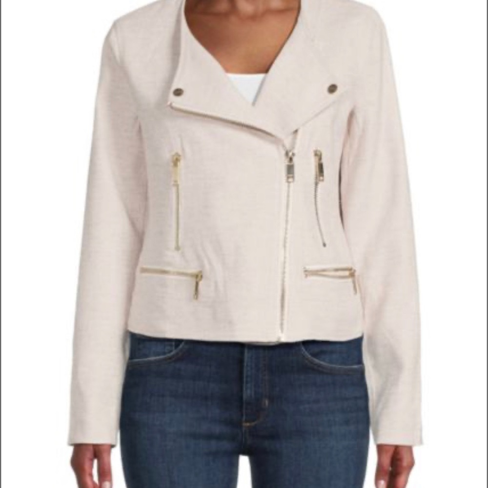 DKNY Linen Blend Moto Jacket w Wide Lapels Asymmetric Zip Front Size XS - Picture 2 of 10